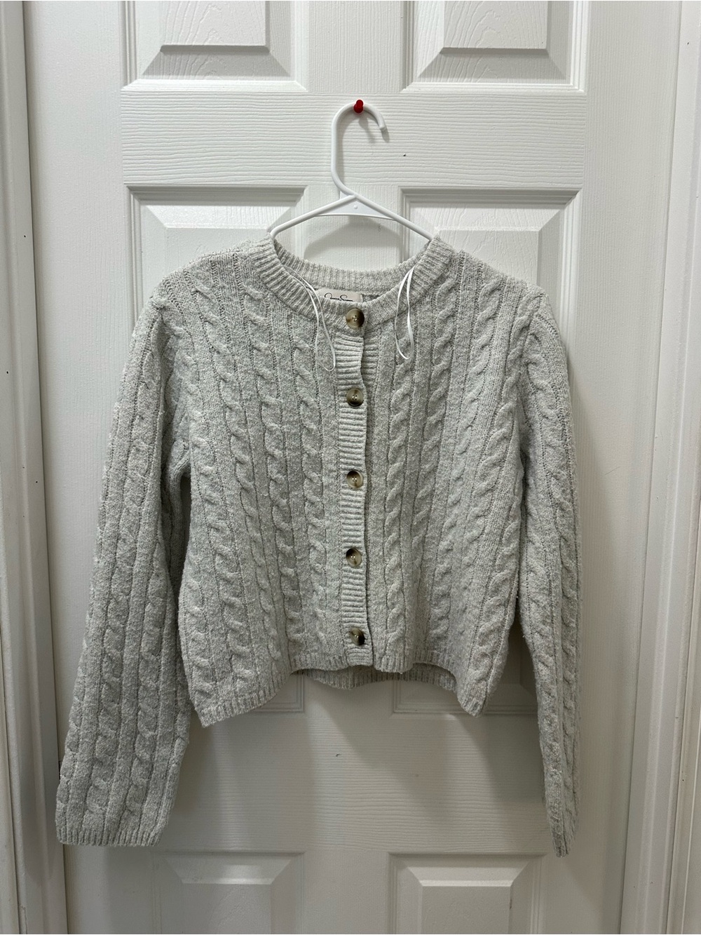 Cable Knit Button-Front Sweater Cardigan - Light Gray